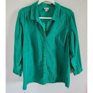 J. Jill  Size LP Kelly Green Corduroy Button Up Tunic Long Sleeve Tiered Back